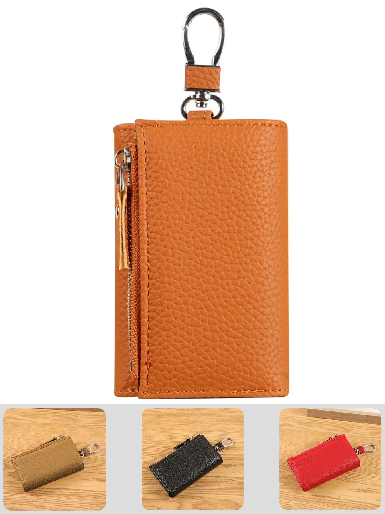 Women PU Leather Key Wallet, Zipper Coin Purse, Multifunctional Key Holder with Credit Card Slots, Zipper Coin Pocket & Metal Carabiner, Mini Key Pouch for Keys, Portable Organizer for Daily Commute Travel, 5 Colors Gift for Ladies
