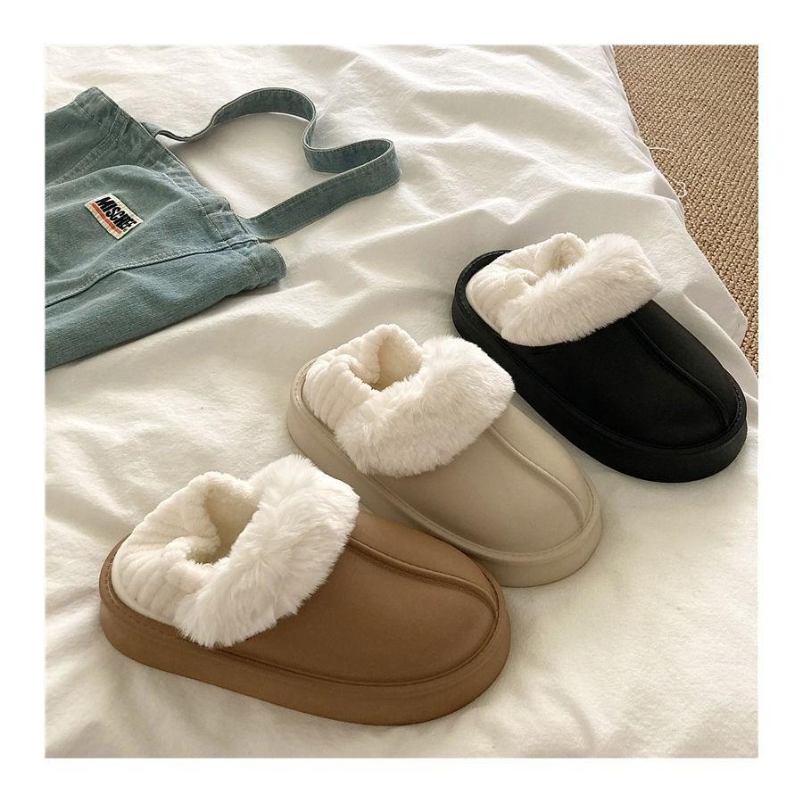Crestar Winter Women Fuzzy Slippers New Outdoor Waterproof Cotton Shoes Warm Fluffy Home Slides Detachable Plush Cotton Slippers