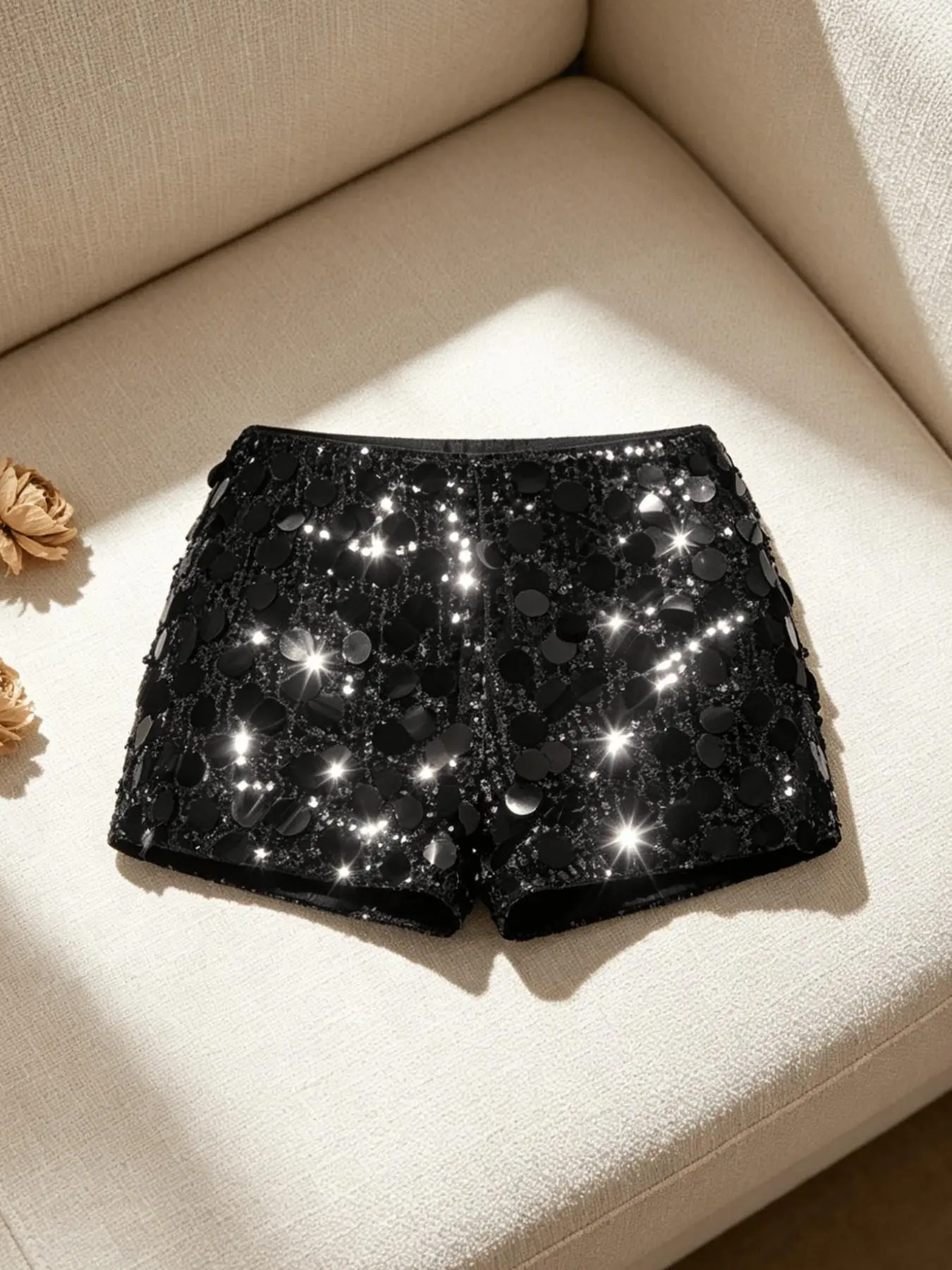 European and American Style Solid Color Large Sequins High Waist Shorts Bottoms, Slimming Fit Bodycon Hot Pants, Sexy Shimmer Shemale Pants, Single Piece
