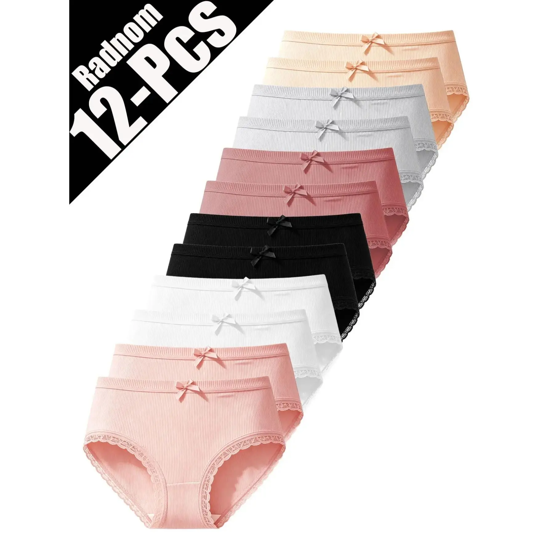 Girls' 12-Pcs Random Color Lace Trim Solid Bow Fitted Triangle Briefs - Prop 65 Safe, Preppy Look, Daily Wear, All Seasons, Suitable for 12+ Years Old, Fitted Briefs