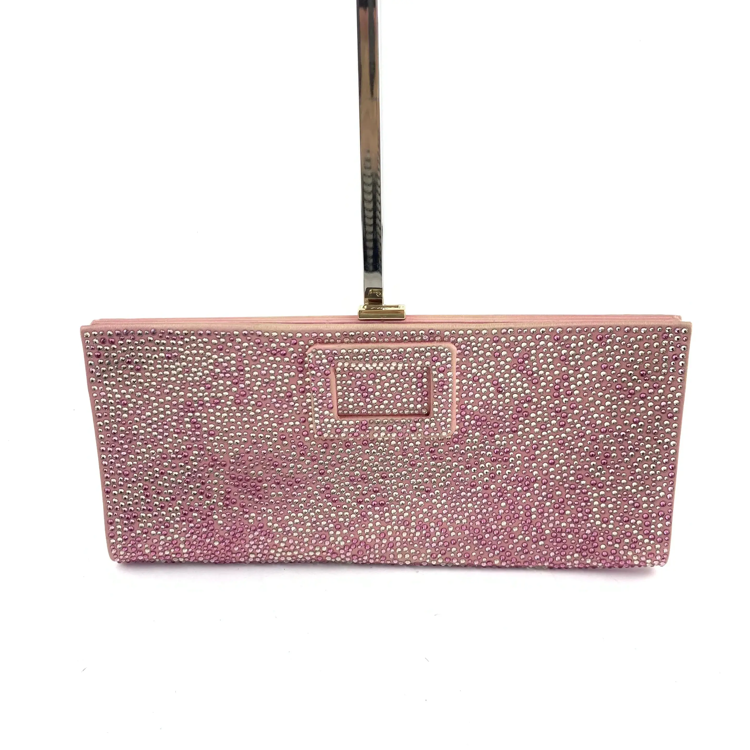 Pre-owned Roger Vivier Pilgrim Pink Crystal Embellished Satin Clutch Evening Bag
