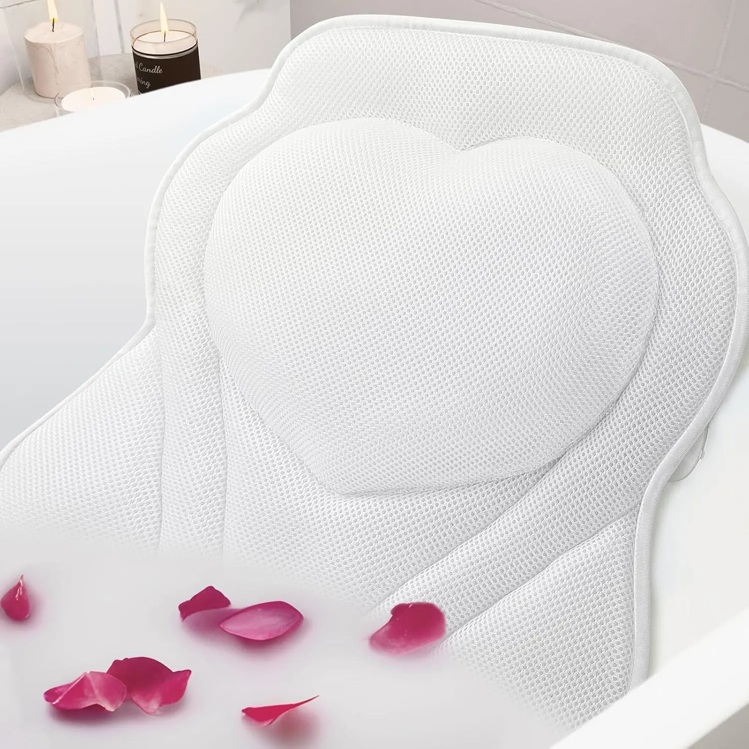 Bath Pillow-Bathtub Pillow with Air Mesh | Fabric & 6 Non-Slip Suction Cups, Bath Pillows for Tub ,  and  Support, Bath Accessories  Gifts, White