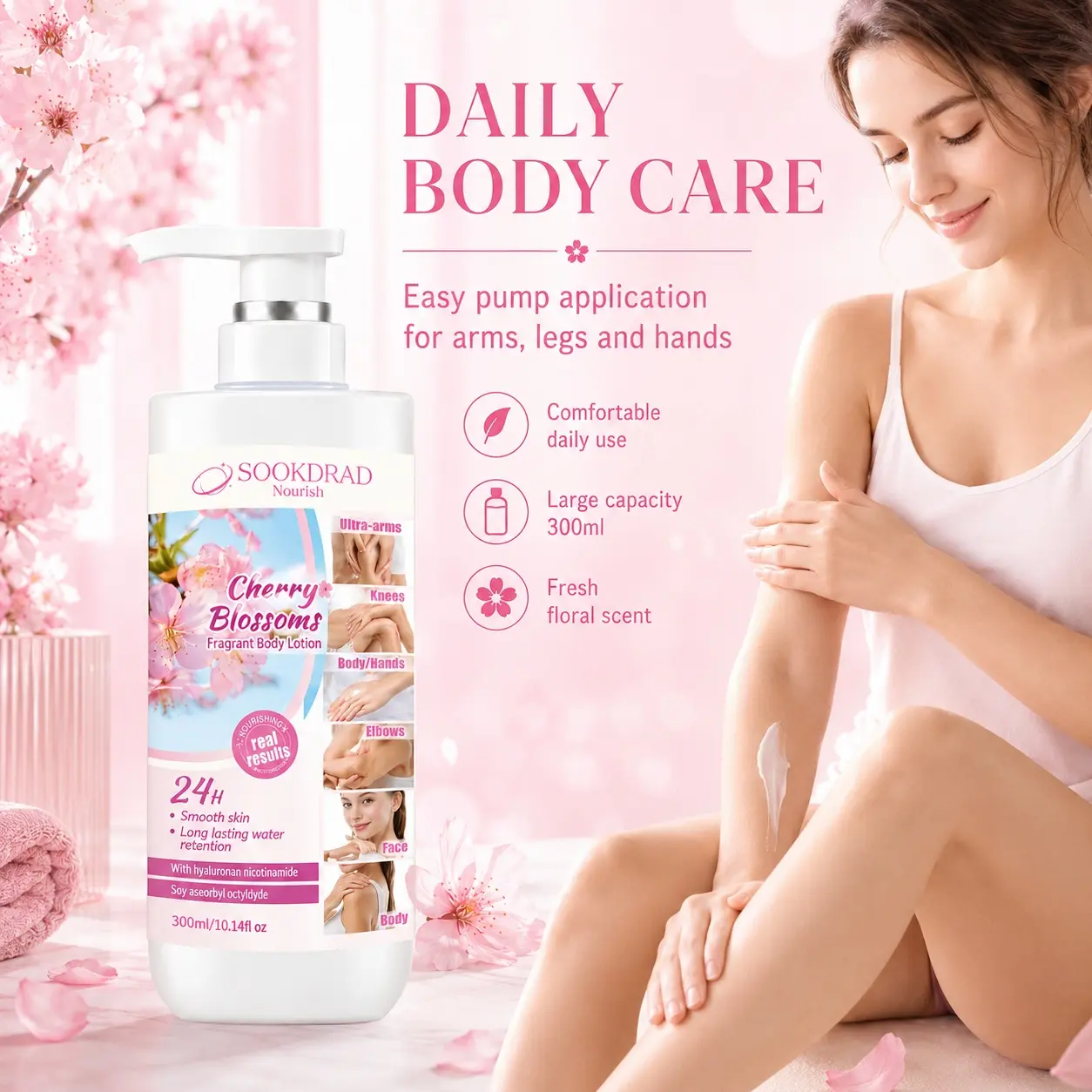Cherry Blossom Fragrant Body Lotion, with hyaluronan nicotinamide, soy aseorbyl octyldyde, smooth skin, long lasting water retention, ultra arms, knees, body hands, elbows, face, daily body care,