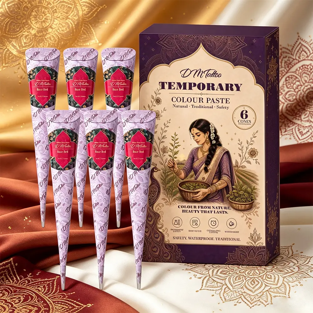 6 Cones Henna Tattoo Paste Gift Box, 6 Shades Black Brown Reddish Brown Maroon Available Natural Plant Henna Cone, Smooth Cream For Fine Lines, Waterproof Temporary Tattoos For Wedding Vacation Ethnic Hand Painting