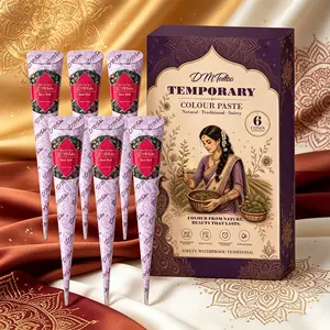 Tattoo 6 Cones Henna Tattoo Paste Gift Box, 6 Shades Black Brown Reddish Brown Maroon Rose Pink Available Natural Plant Henna Cone, Smooth Cream For Fine Lines, Waterproof Mild Long Lasting Temporary Body Art Kit For Wedding Vacation Ethnic Hand Painting
