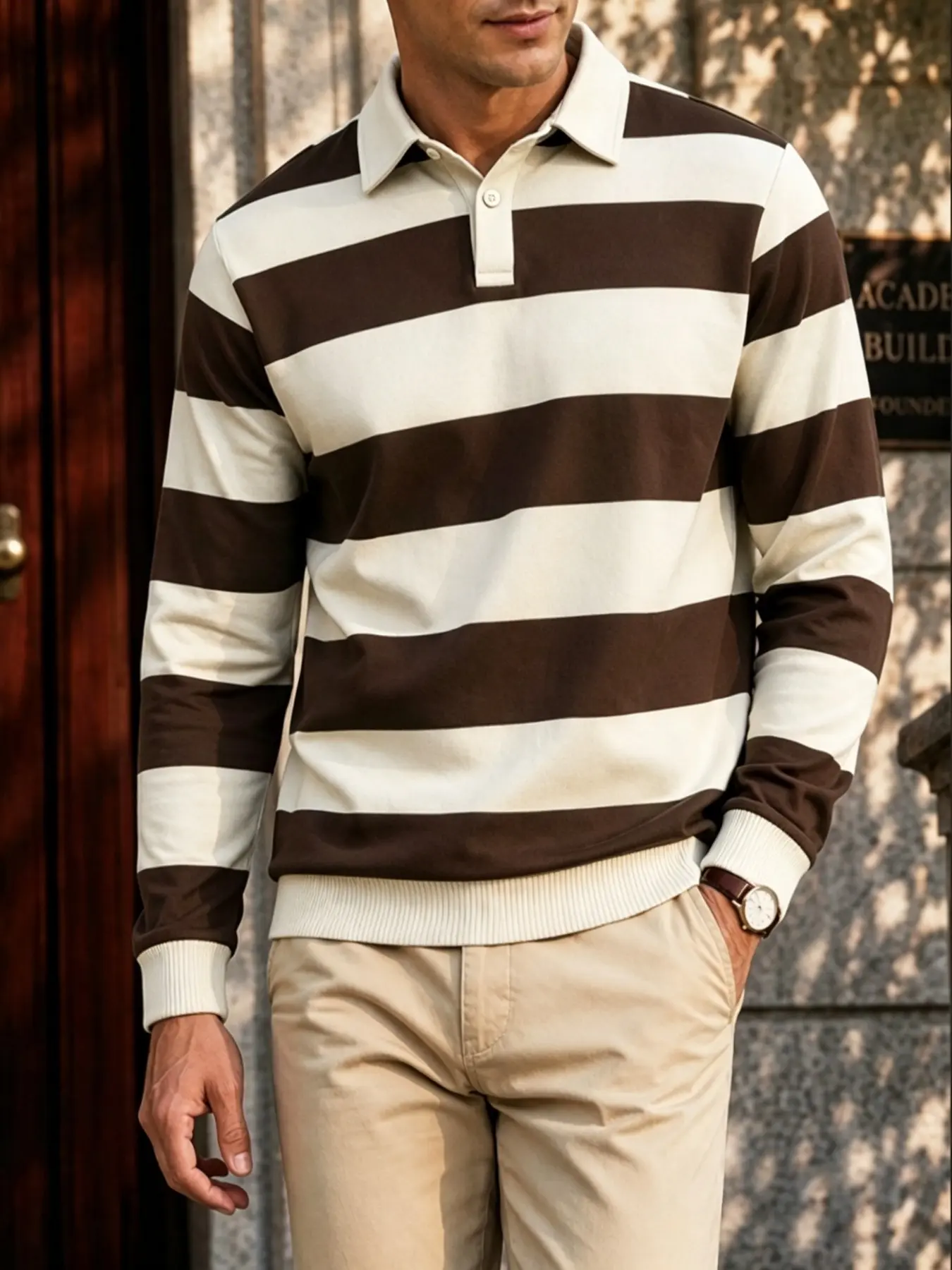 Men's Wide Striped Long Sleeve Knitted Polo Shirt, Colorblock Collar Knitwear, Casual Commuter Versatile Top, Aesthetic Stylish Everyday Wear