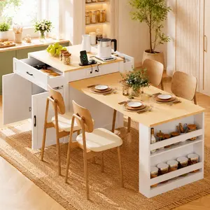 K&K 82.7 inch Kitchen Island with Extendable Dining Table for 4-6 Person, Two-tone Kitchen Table with Double-sized Storage, Power Outlet, Kitchen island with Storage 2 Drawers 2 Side Open Shelves, White, Apartment Furniture Cupboards C