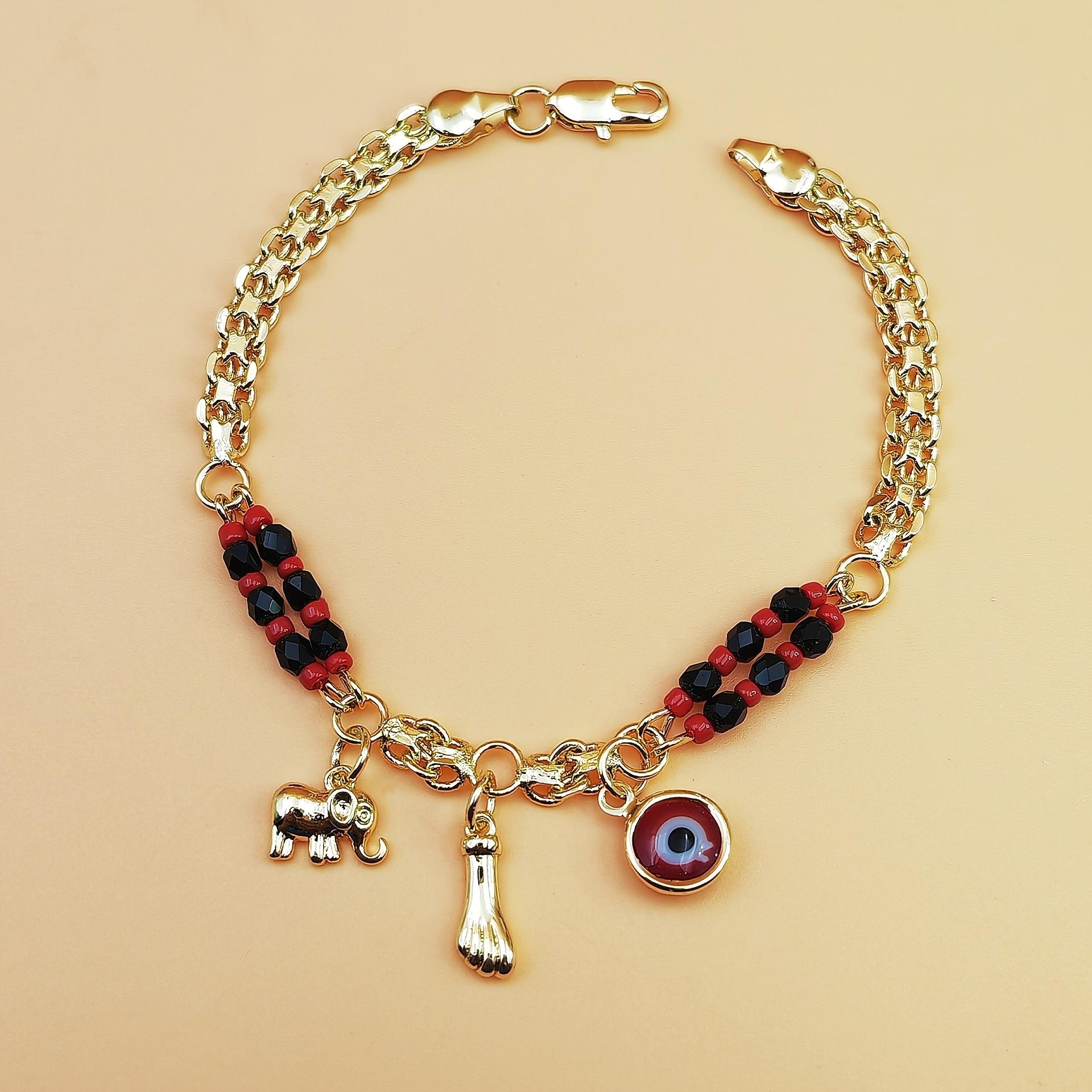 Boho Red & Black Beaded Elephant Charm Bracelet - 1 Golden Plated Golden-Plated Copper Devil's Eye Symbol, Elephant Pendant for Parties, Music Festivals, Bohemian Gift for & (Year-Round Wear)