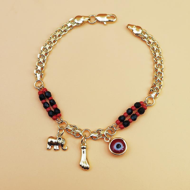 Boho Red & Black Beaded Elephant Charm Bracelet - 1 Golden Plated Golden-Plated Copper Devil's Eye Symbol, Elephant Pendant for Parties, Music Festivals, Bohemian Gift for & (Year-Round Wear)
