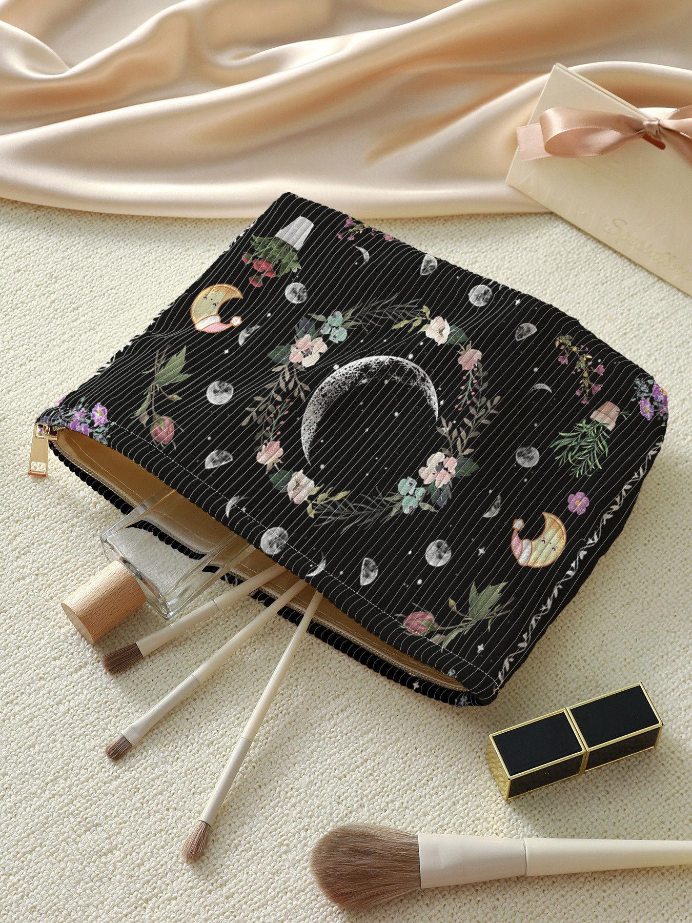 Floral & Moon Pattern Corduroy Makeup Bag, Large Capacity Zipper Cosmetic Storage Bag, Lightweight Multi-functional Toiletry Bag for Women & Girls, Travel Cosmetic Bags, Travel Essentials, Makeup Organizer Pouch