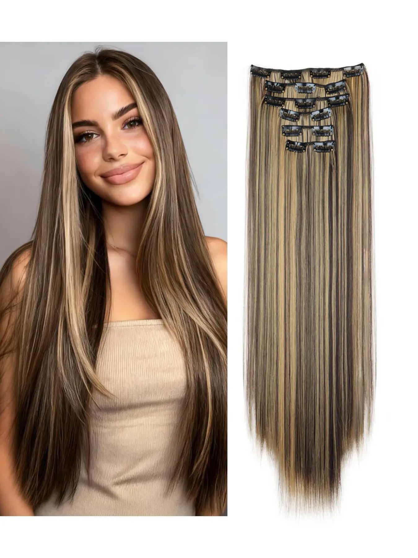 6Pcs Straight Clip In Hair Extensions 60cm High Temperature Fiber 140g Thick Hair Pieces, Multi Shades, Easy Clip Design Instantly Add Volume & Length, Natural Blend For Daily Makeup Hairstyle Clip In Hair Hair Extensions