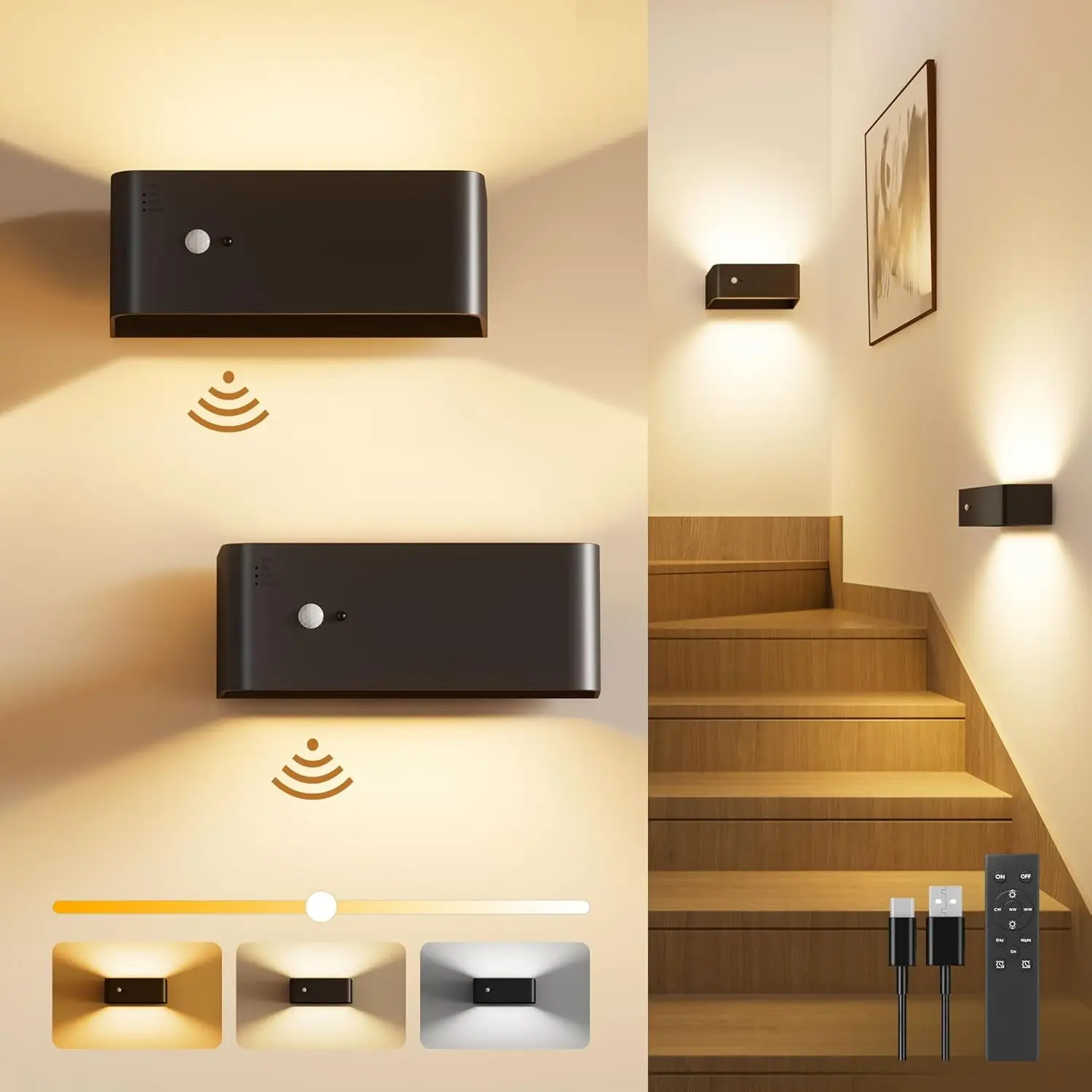 Motion Sensor LED Wall Sconces Set of Two Rechargeable 8000mAh with Remote Control Brightness Adjustable for Indoor Stair Closet Bedroom Hallway