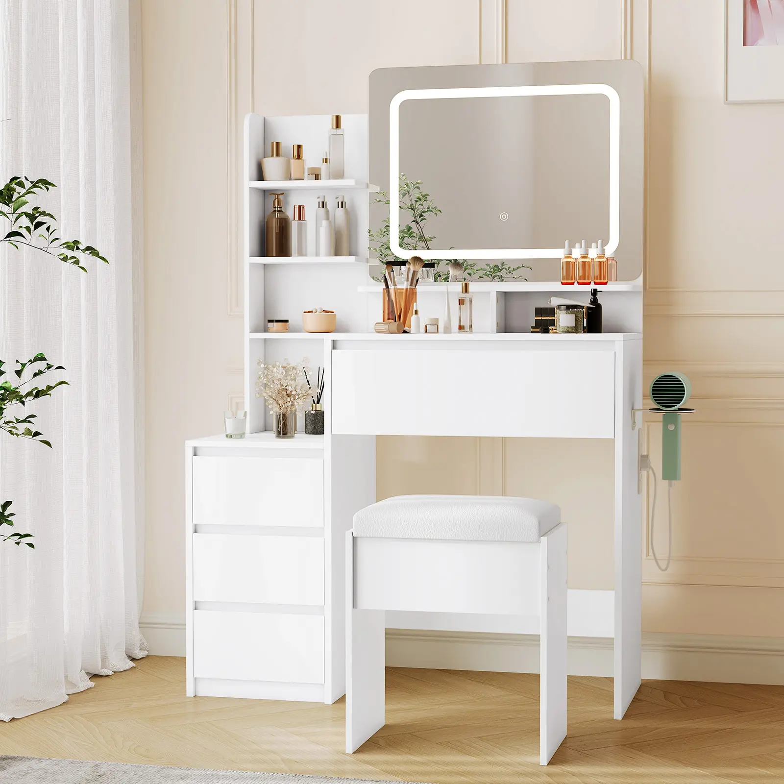 Contemporary Makeup Vanity Desk with Mirror, Adjustable LED Lights, 4 Drawers, Storage Shelves, Built-In Charging Station & Stool for Bedroom Storage Organization, Available in White or Black