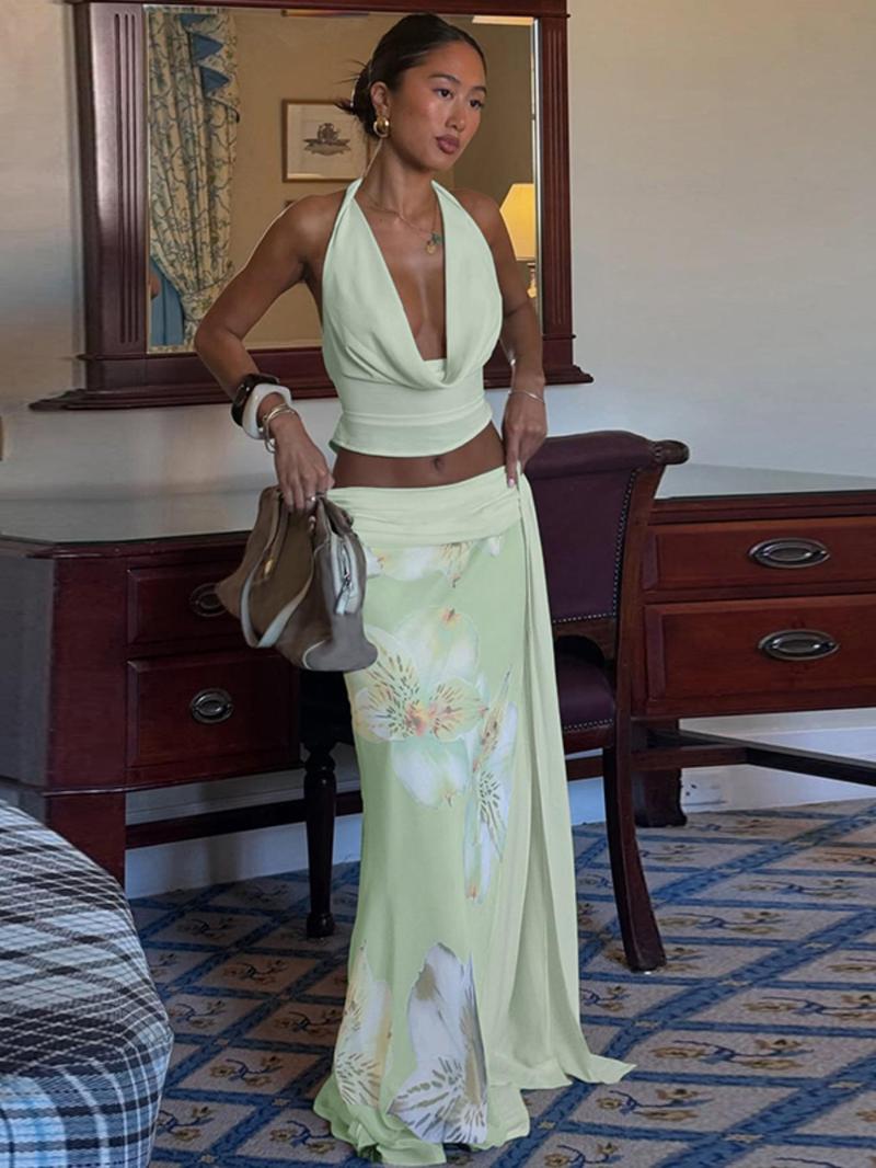 Women's Backless Halter Top & Floral Print Skirt Two-piece Set, Sleeveless Top & Skirt Set, Ladies Summer Clothes Beach Outfits Set for Beach Holiday Vacation