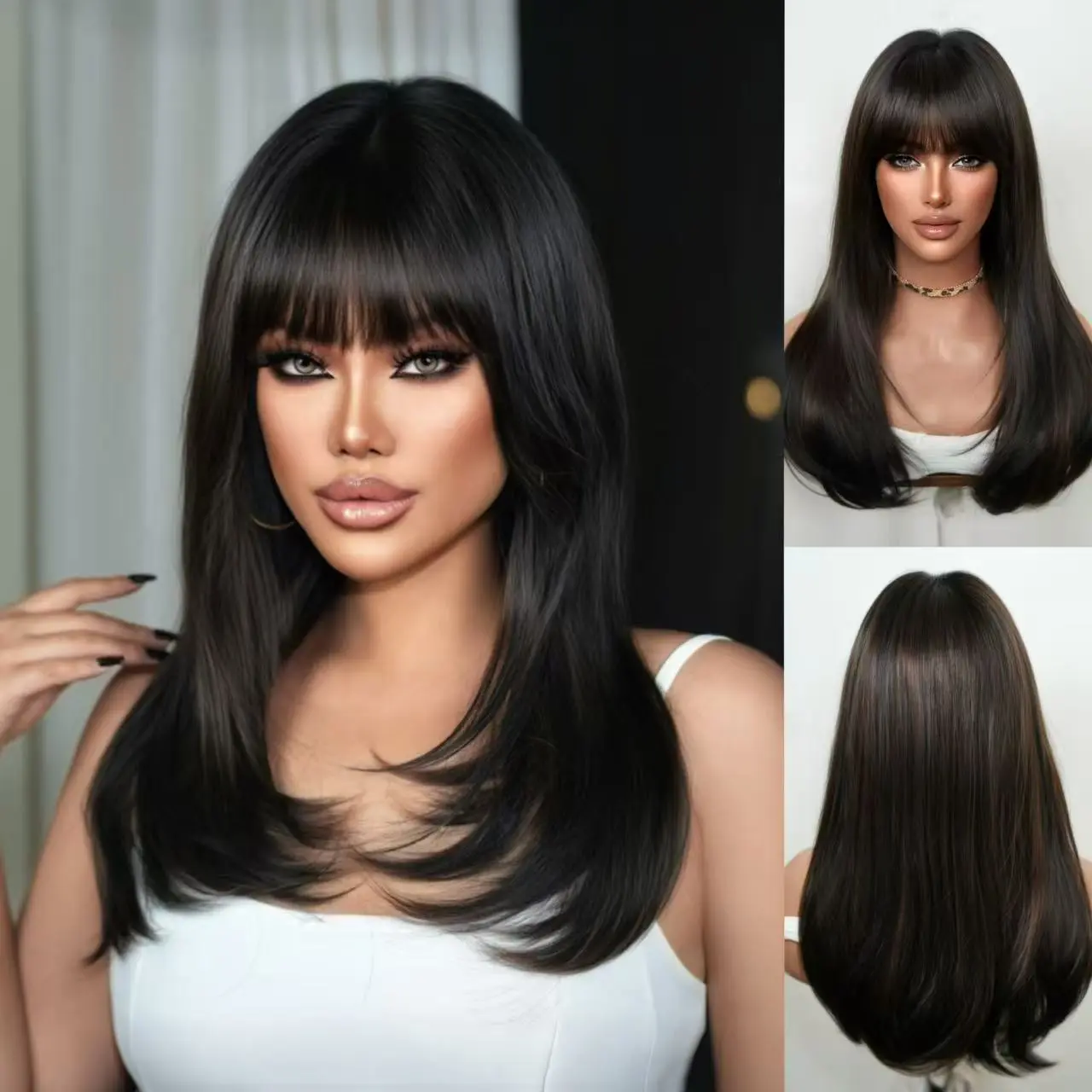 Synthetic Full Machine Wig - 24in Dark Base with Chestnut Brown Babylight, Shaggy Layers & Full Bangs, Soft Matte Fashion Highlight Fake Hair Wig, Fake Hair Synthetic Full Machine Wigs