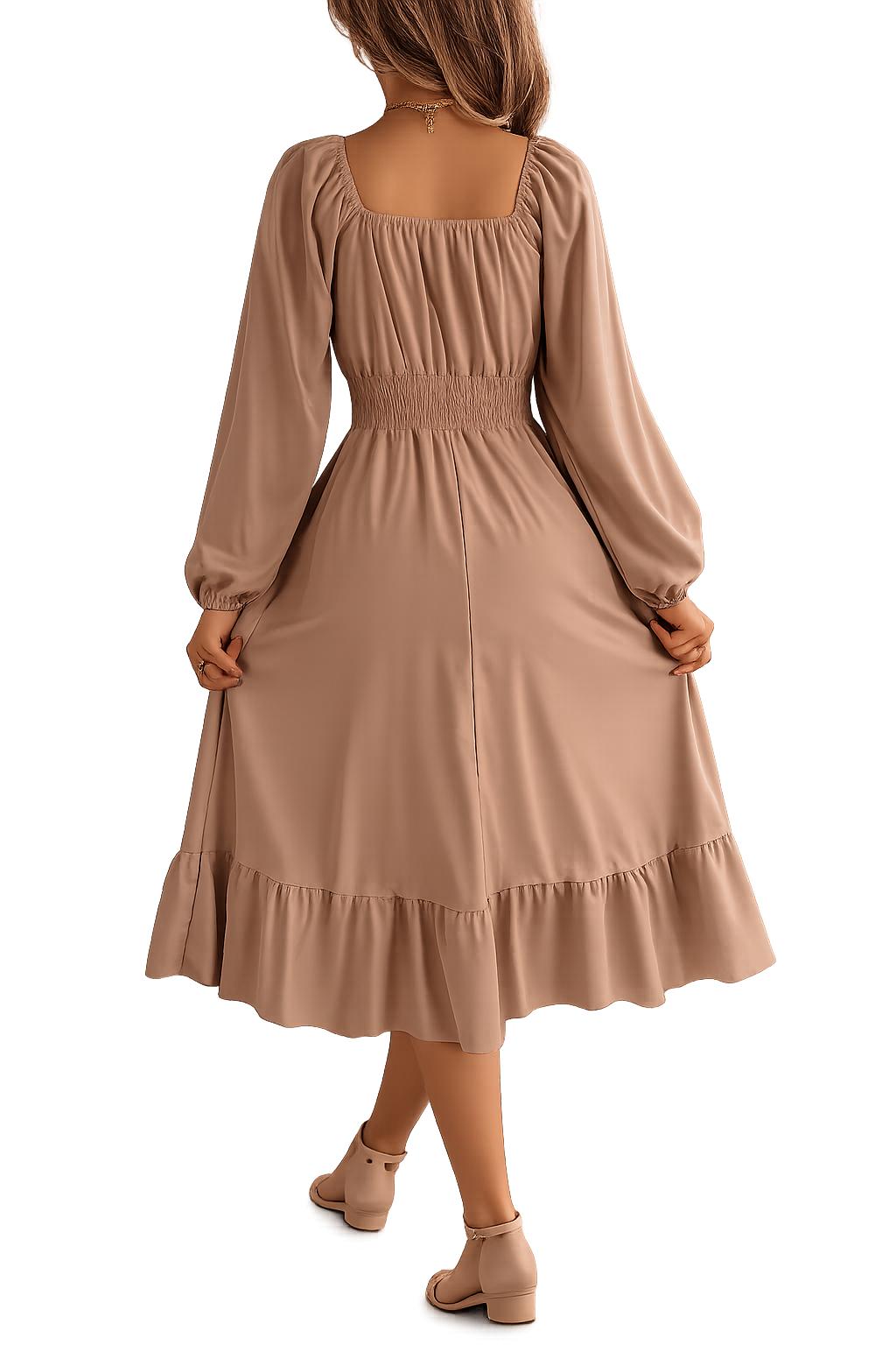 2026 Spring and Summer Leisure Solid Color Square Collar Long Sleeve Waist-Cinched A-Line Skirt
