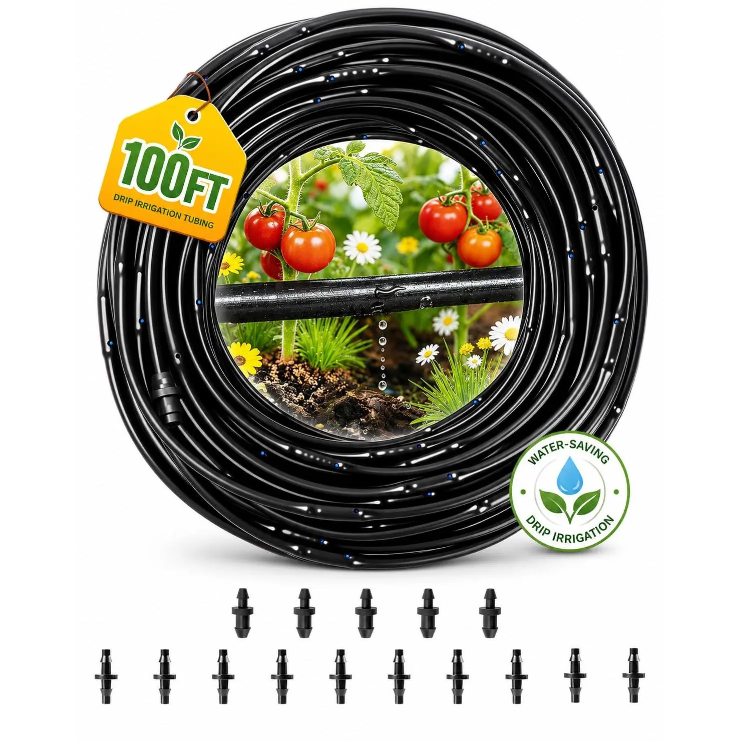 1/4 Drip Irrigation Tubing 100FT, -in 0.5 GPH Emitters, 6 Inch Spacing | Root-zone watering helps  runoff and ; included fittings and end plugs support raised beds, rows and greenhouses.