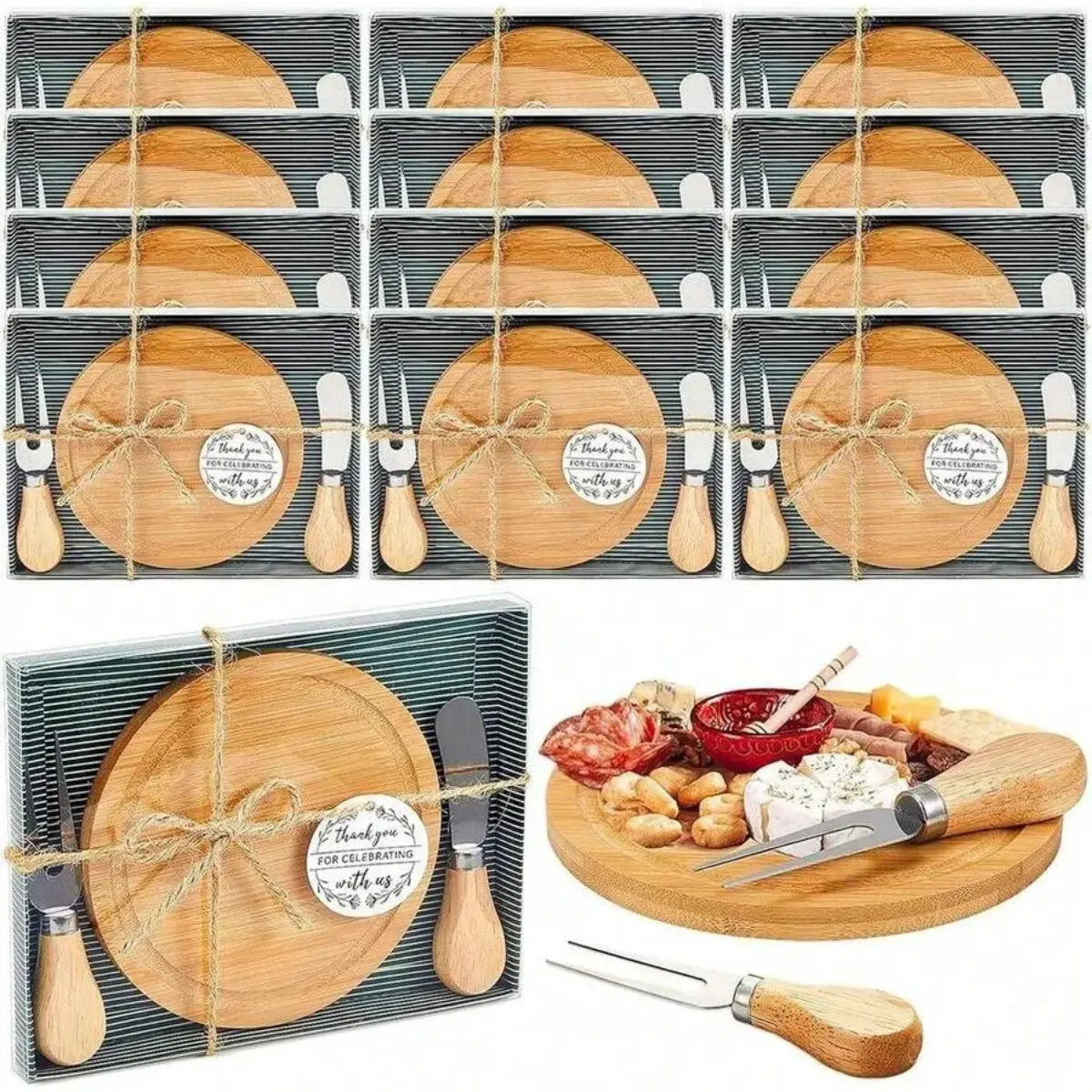 Set of Bamboo Mini Cutting Board Gift Set with Thank You Cards, Stainless Steel Knives for Cheese - Kitchen Bridal Shower Wedding Guest Favors for Housewarming Christmas