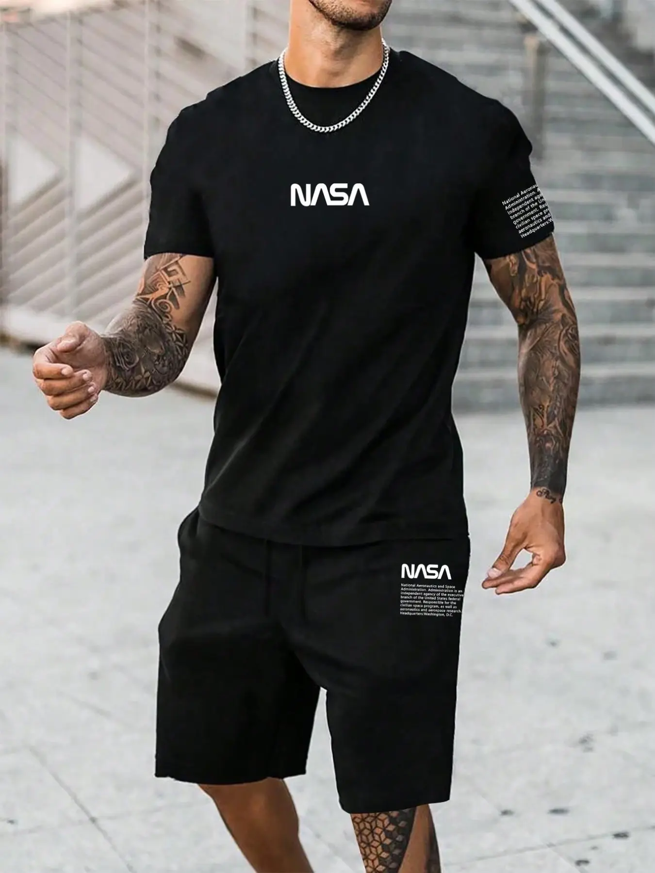 Men's Nasa Print Two-Piece Set, Summer Casual Sports, Round Neck T-Shirt and Shorts, Breathable Youth Sportswear, Ideal for Running and Exercise