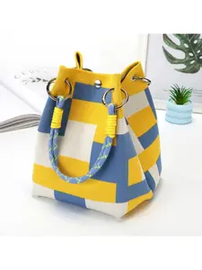 Mini Knit Bucket Tote Bag with Checkered Pattern & Magnetic Snap Closure for Women - Large Capacity Crochet Handbag with Stripe/Square Pattern, Travel-Friendly Purse, Birthday & Holiday Gift for Women