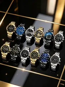 12pcs Luxury Business Men's Steel Band Watch, Multi-Functional Casual Analog Quartz Watch, Perfect Gift for Father's Day, Graduation, Birthday