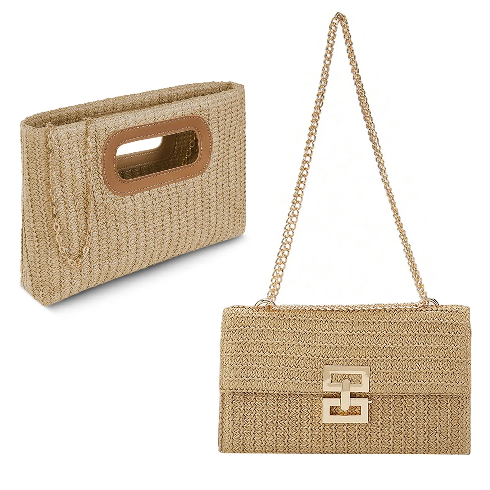 Woven Straw Purses with Metal Chain, Set of 2 Crossbody Bags with Top Handle & Chain Strap, Handbag for Lady Travel, Beach and Daily Use ﻿