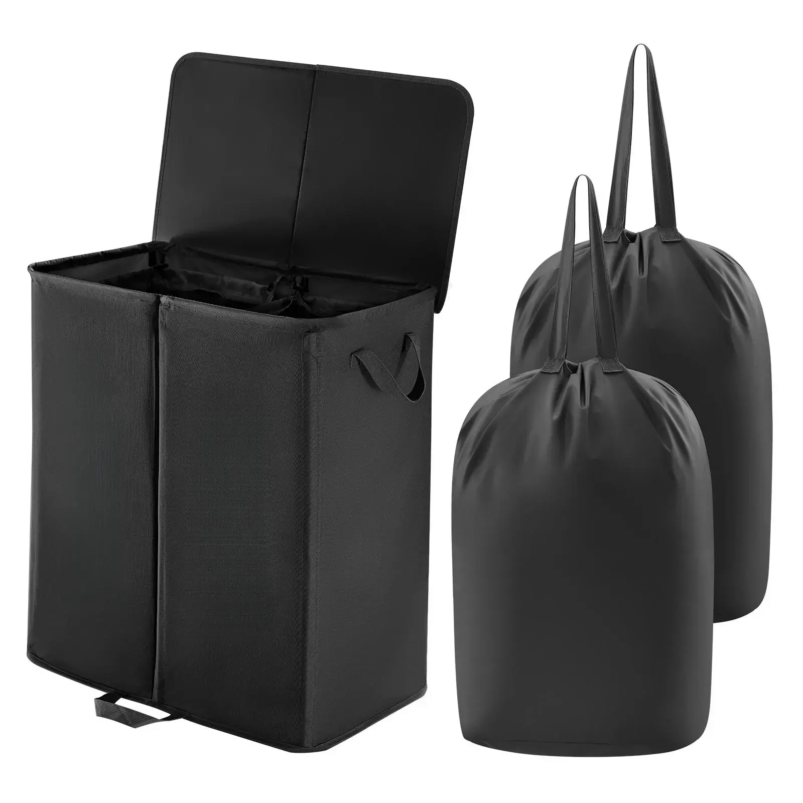 Double Laundry Hamper with Lid and Removable Laundry Basket Bags for Bedroom, Bathroom, College Dorm, Laundry Room Organiser Two Compartments