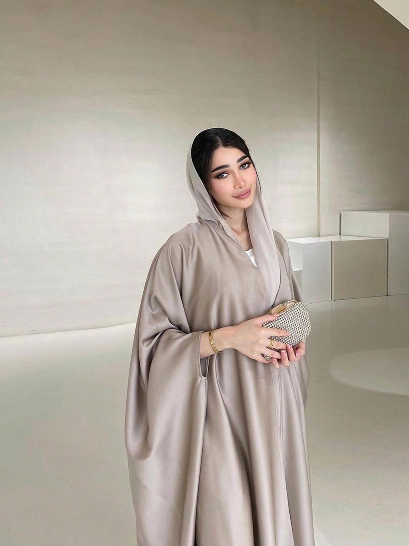 Women's Solid Batwing Sleeve Satin Abaya, Modest Fashion Long Sleeve Open Front Muslim Robe for Daily Wear, Ladies Islamic Clothing for All Seasons, Islamic Modesty Clothes