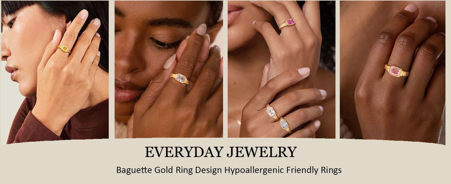 Birthstone Gold Rings for Women Non Tarnish Vintage Chunky Gemstone Emerald Rings 14K Gold Plated CZ Signet Thumb Rings Band Jewelry Gift for Birthday Size 6-11