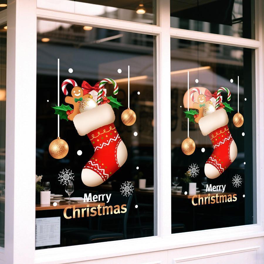 1 Piece of 45*60cm Christmas Glass Sticker, Christmas Decorative Window Sticker, a Whole Sheet of Static Cling Film Composed of Christmas Stockings, Snowflakes, Candy Canes, Light Balls, Gingerbread Men, Christmas Party Holiday Decoration Supplies
