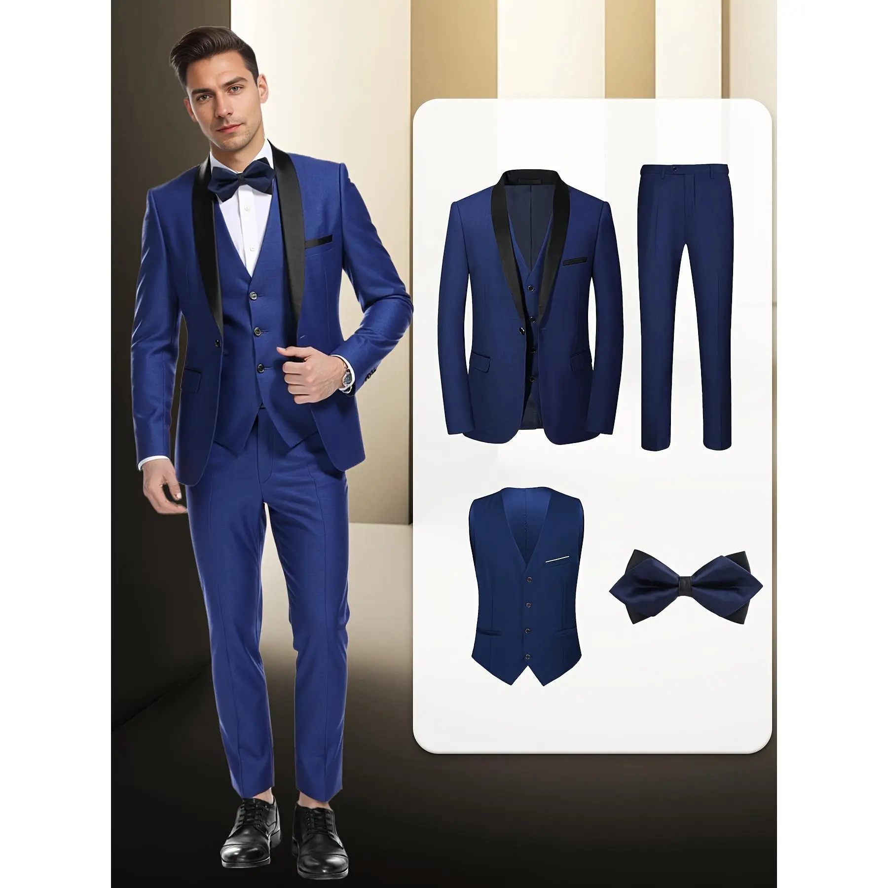 Men's 4‑Piece Shawl‑Collar Tuxedo Set | One‑Button Blazer, Vest, Pants & Bow Tie | Groom Wedding Formal Outfit | Men Formal Suit with Bow‑Tie