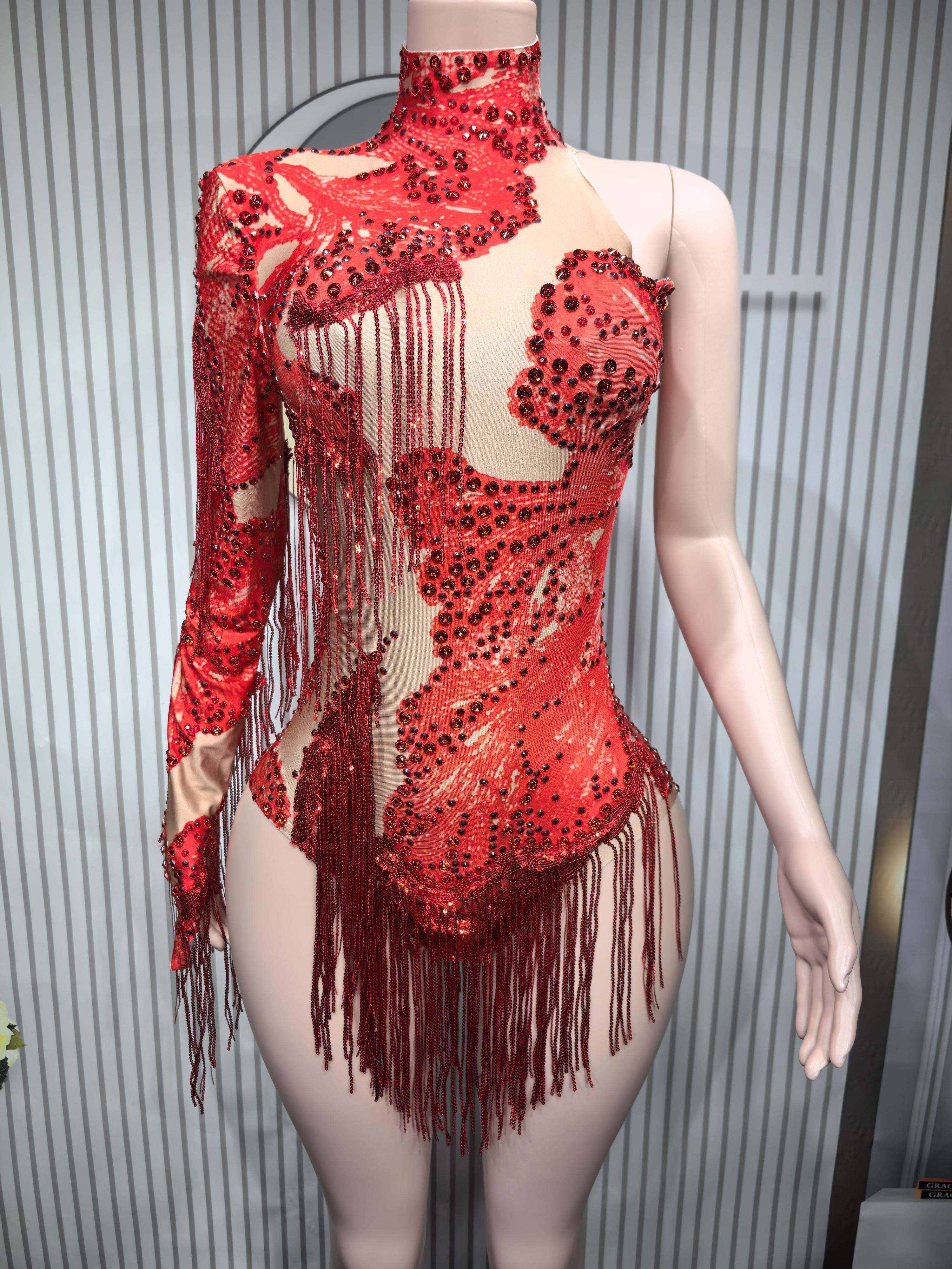 Gold Silver Sequins Tassel Elastic Bodysuit Sex)Pole Latin Dance Stage Wear Nightclub  DJSinger Dancer Performance Costume  Q025