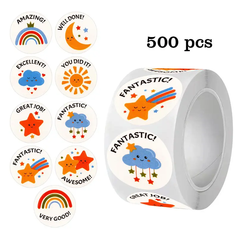 Back-to-School Reward Stickers 500 Stickers/Roll Cartoon Encouragement English Stickers Rainbow Stars Sun Clouds 1in Adhesive Labels Reward Stickers Teacher Supplies