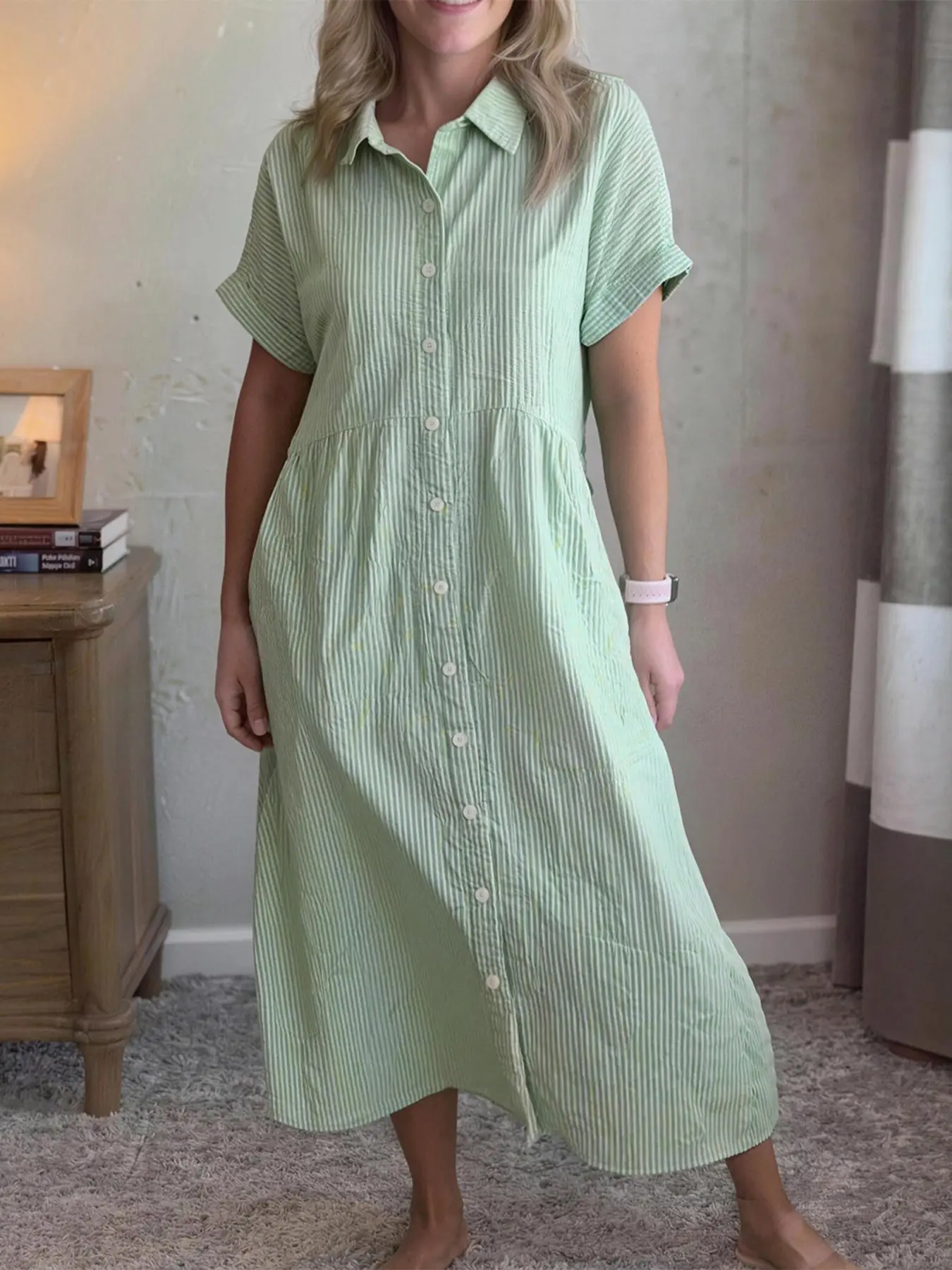 2026 New Women's Vertical Striped Collared Short Sleeve Shirt Dress, Full Button Front, Waist Ruched, Breathable, Lightweight, Casual Style, Casual Beach Dress