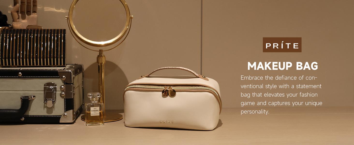 Prite Makeup Bag for Women Travel Waterproof Vegan Leather Cosmetic Bag Open Flat Toiletry Bag With Clear Divider and Handle (Beige)