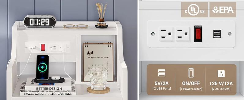 Sikaic Nightstand with 3 Drawers Charging Station White Bedside Cabinet Modern Accent Tables USB Ports Power Outlets Storage Modern Furniture