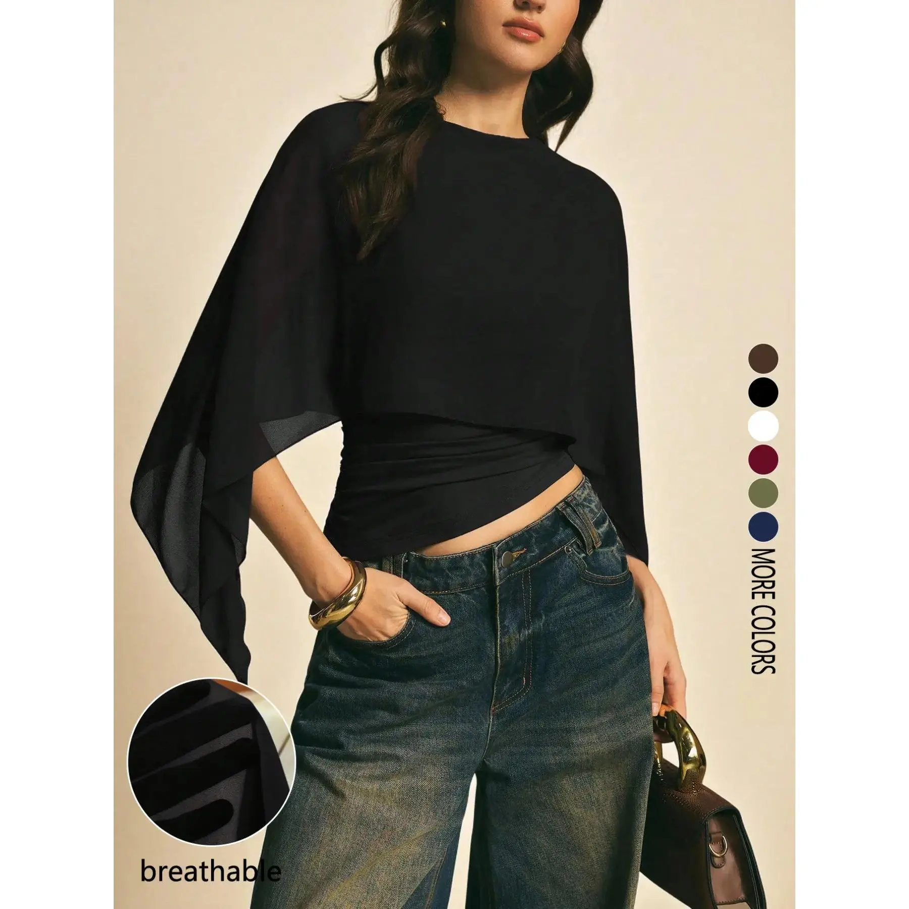 Women's Solid Plain Asymmetric Cut Pullover Shirt, Casual Batwing Sleeves Slim-Fitting Top, All-Season Machine-Washable Blouse, All Seasons
