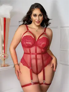 Lace Mesh Jumpsuit Set, Sexy Lingerie with Bra Cups, Thigh Girdle, Waist Belt, 4-Piece Set, Party Wear, Valentine's Gift, Plus Size