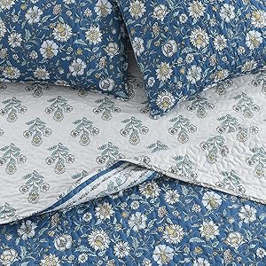 Floral Set Queen Size, Farmhouse Cottage Bedding Set, Blue Vintage Paisley Coverlets, Soft Microfiber Lightweight Reversible Bedspreads for All Season, 3 Pieces