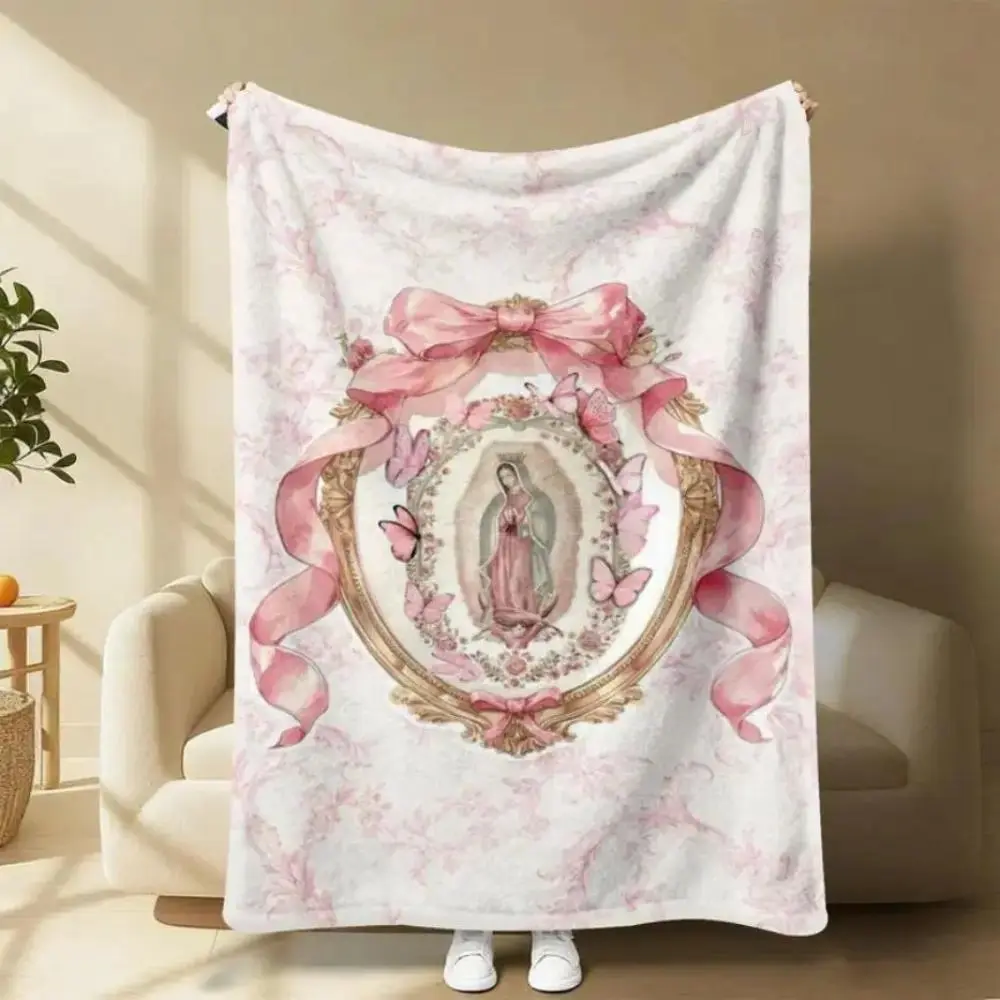 Virgin Mary Our Lady of Guadalupe Printed Classic Pink Bow Frame Plush Fabric Flannel Throw Blanket, Soft Lightweight Sofa Decor, Matches Cooling Pillows Couch Cover for Bedding Comforter Sets, Religious Faith Lovers’ Birthday Christmas Gift