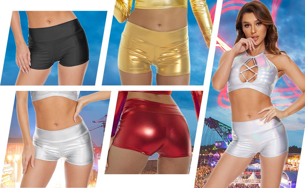 Women's Metallic Rave Booty Shorts Shiny High Waisted Bottoms for Dance Festival