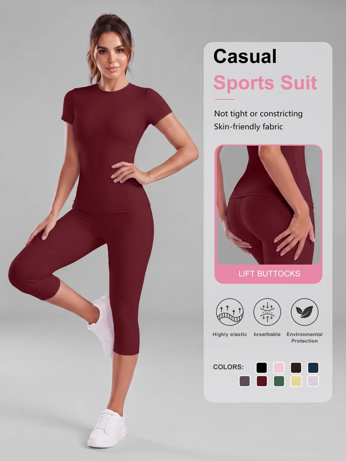 Women's 2 Piece Yoga Set Short Sleeve Top & High Waisted Capri Leggings, Slim Fit Workout Outfit, Tummy Control Sportswear Set for Gym Pilates Running Fitness Casual Wear, Breathable Gym Set