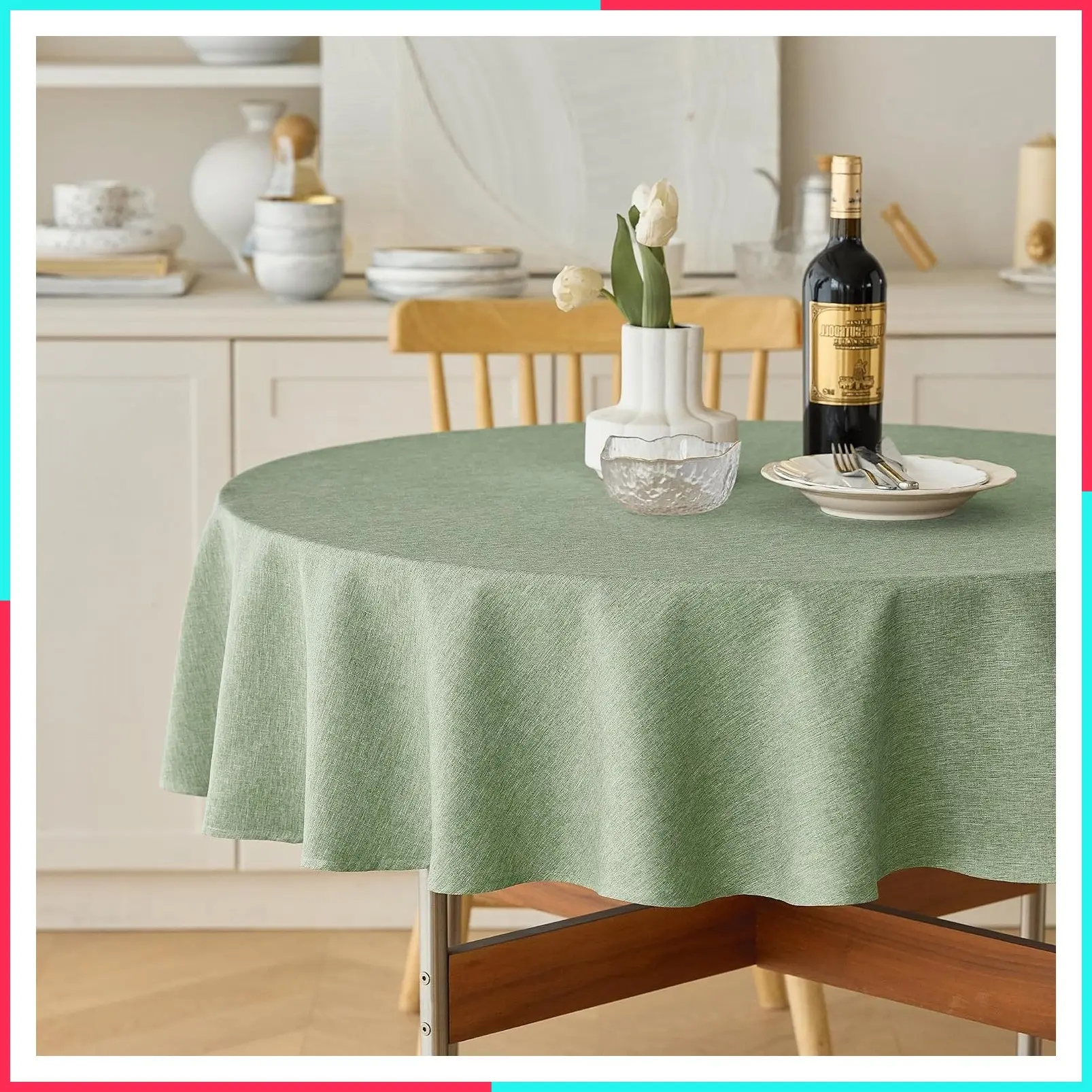 Faux Linen Round Tablecloth 60 Inch Waterproof Washable Textured Rustic Table Cover for Dining Kitchen Party Farmhouse Outdoor, 2-4 Seats, Sage Green