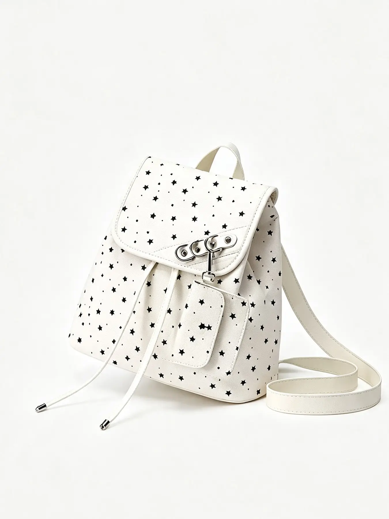 Cute star printed women's backpack, mini flip cover drawstring versatile simple backpack, metal lock decoration small casual day bag, sweet Y2K aesthetic daily travel school backpack