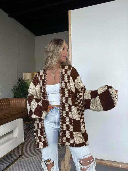 Women's Plaid Knit Cardigan, Lantern Sleeve Loose-Fitting Sweater, Casual Fall & Winter Fashion, Unique Design, New Arrival