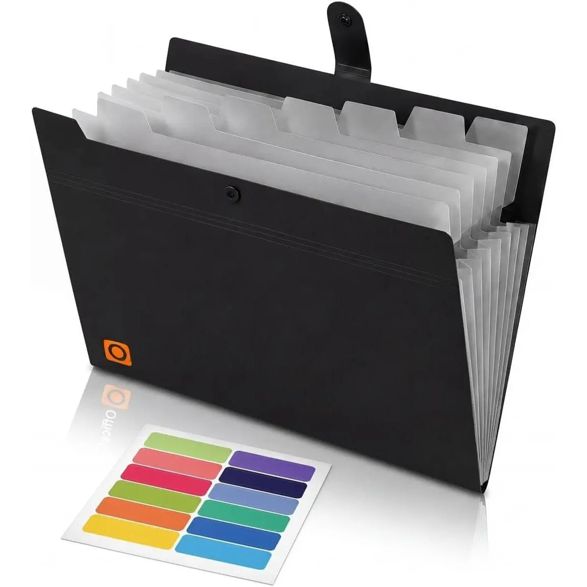 8-Pocket Expanding File Folder, A4 Letter Size Accordion Document Organizer with Snap Closure, Labeled Tabs & Customizable Color-Coding Stickers,  Office School (Jet Black)