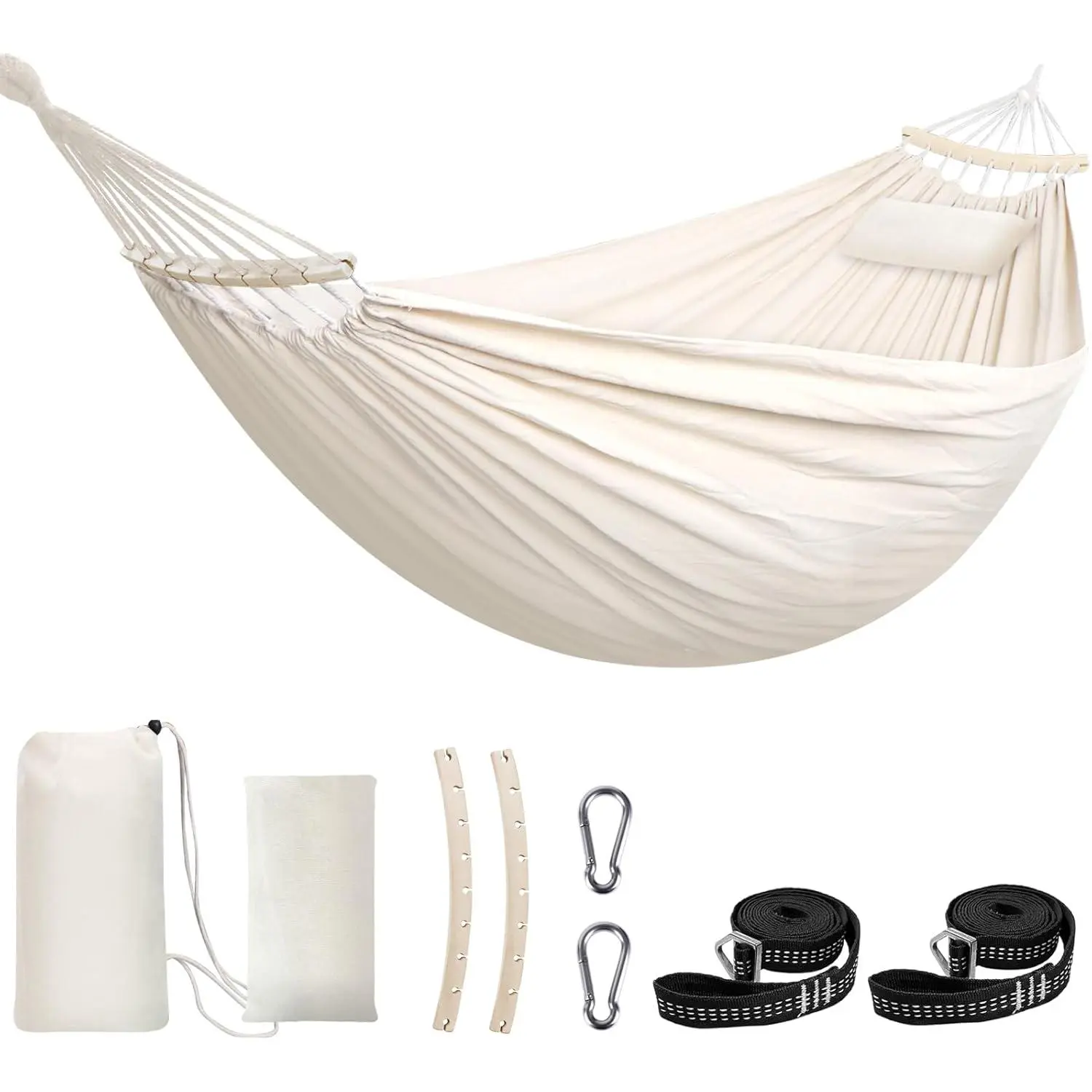 Chihee Cotton Hammock 8.9x4.9ft, 660 Lbs Anti‑Side‑Tipping Tree Hammock with Detachable Spreader Bar, Pillow, Bag, Webbings & Carabiners for Indoor Outdoor Garden Camping