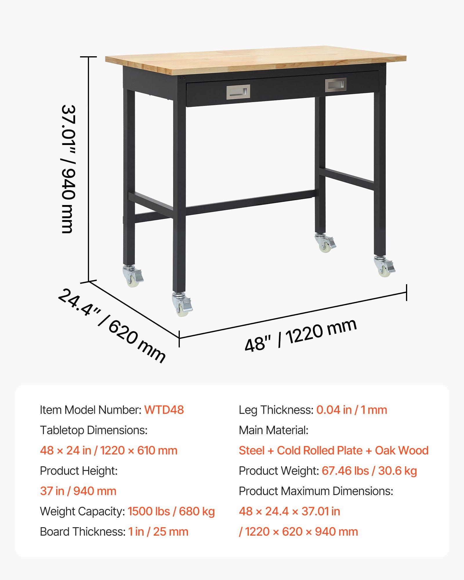 VEVOR 48-inch Workbench, 1500 lbs Load Capacity, Garage Workbench with Drawer Storage & Wheels, Workshop Bench on Wheels, Heavy Duty Oak Wood Top Work Table for Garage, Workshop, Office, and Home