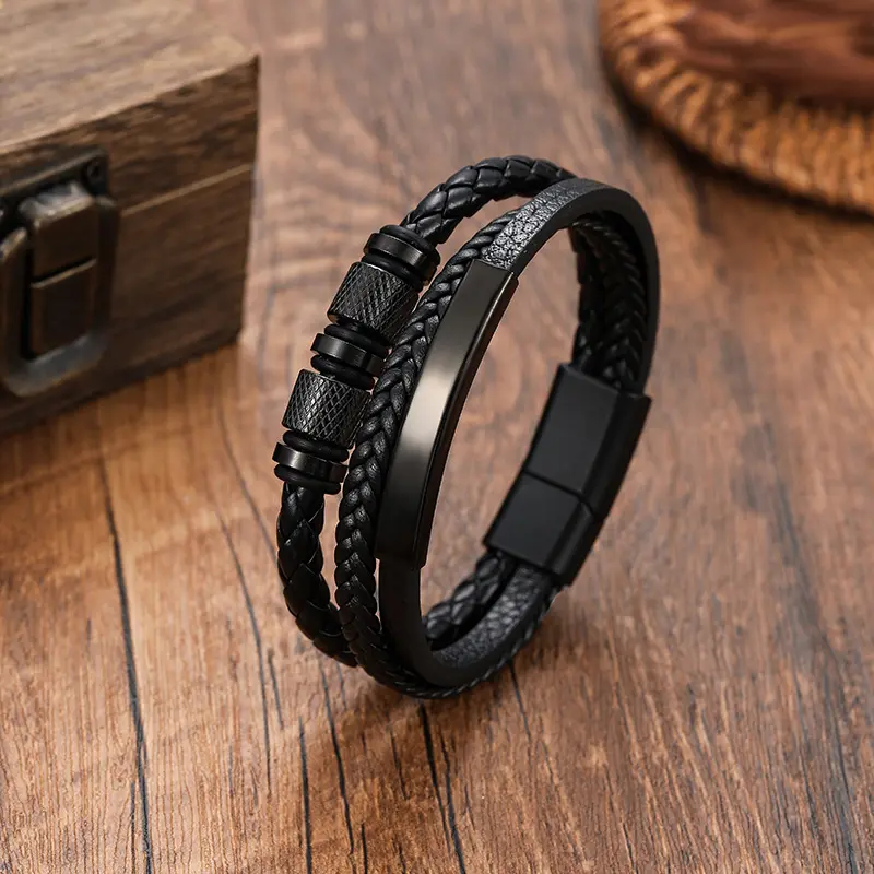 New woven leather cord bracelet for men, personalized and stylish titanium steel accessory with magnetic clasp