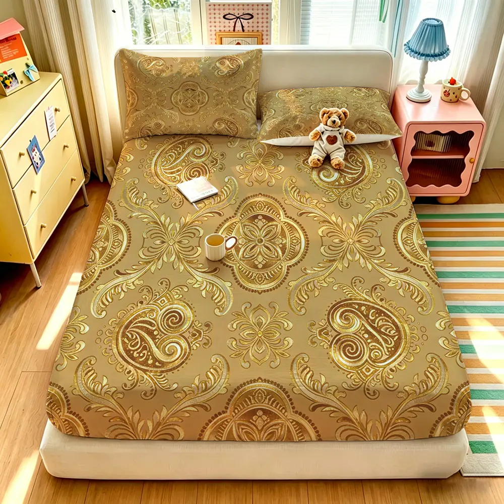A 3-piece digital-printed bedding set with gold paisley patterns, including one bedspread and two pillowcases, without a filling. The bedspread is soft and comfortable, featuring a deep pocket design, and it's perfect as a gift item.